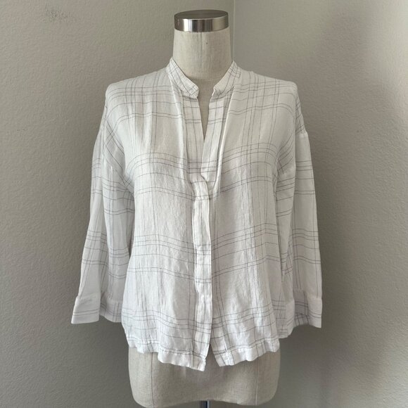 Vince Window Panel Popover Blouse Round Split Neck Linen Blend Lightweight Airy - Picture 1 of 16